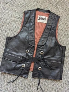 vintage SCHOTT black VEST motorcycle 36-38 black leather LAPEL western CONCHO xs - Picture 1 of 7