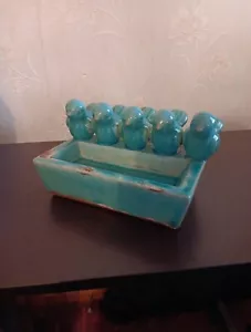 Turquoise Crackle/Distressed Glaze Birds Pottery Soap Trinket Tealight Holder - Picture 1 of 10