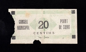 F.C. PONT DE SUERT (LÉRIDA) 20 CENTIMS 1937 , B/C- , ROTO . - Imagen 1 de 2