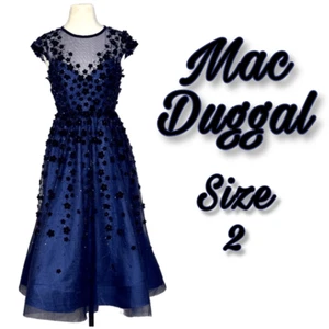 Abito da cocktail Mac Duggal floreale impreziosito da mezzanotte midi illusione taglia 2 NUOVO! - Foto 1 di 13