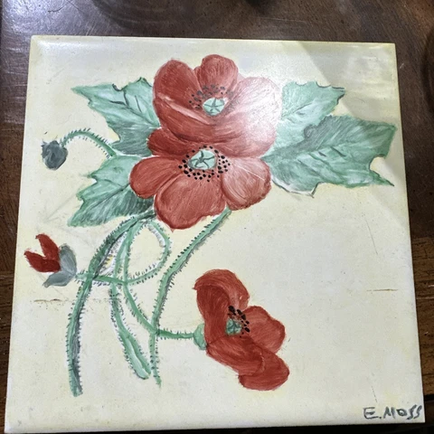 Vintage Handpainted Tile By E Moss 6 x 6 Red Flowers Floral Ceramic Cover