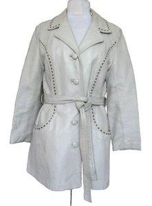 Vintage 24K Leather Dan Di Modes Coat Off White Leather Taupe Stitching S/M - Picture 1 of 7
