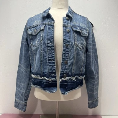 SILVER Jean Jacket Built Free Sahara Denim Distressed Ripped Raw Hem Medium - Image 1 of 4