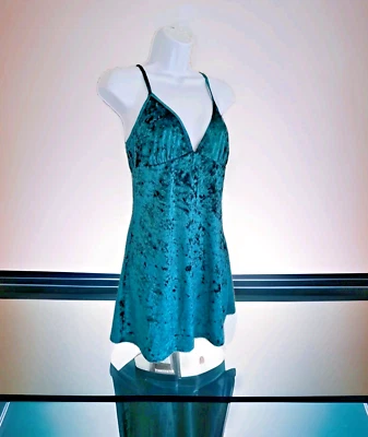 Frederick's Of Hollywood Slip Dress M Green Velvet Y2K Babydoll Lingerie Mini  - Image 1 of 4