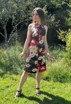 Mini Vestido Vintage Años 70 Damas Negro Multicolor Cuello Halter Retro Floral Foto 1 de 4