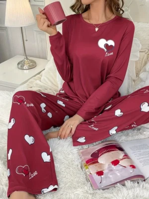 Damen Pyjama Set Love Herz-Print | 2-teilig Schlafanzug Langarm Hose | Homewear - Bild 1 von 4