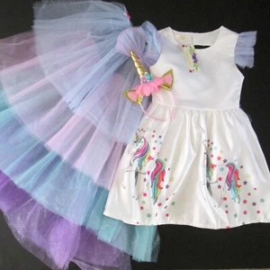 Unicorn Princess Girl Costume Dress Headband Tulle Train Size 8-10 Small Flaw - Picture 1 of 16