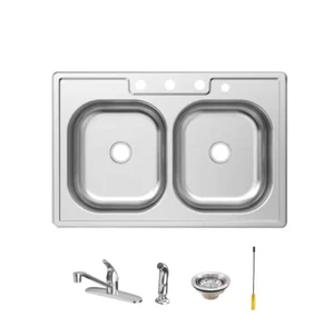 Glacier Bay 33" Double Bowl Top Mount Stainless Steel Kitchen Sink w/ Faucet 38D - Picture 1 of 4