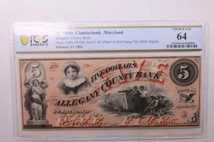 1861 $5., ALLEGANY COUNTY BANK., Cumberland, MD., PCGS CU-64., Store #GMD001 - Picture 1 of 2