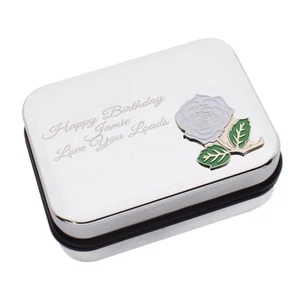 White Rose Design Personalised Chrome Necklace Box Case with Engraved Message - Picture 1 of 3