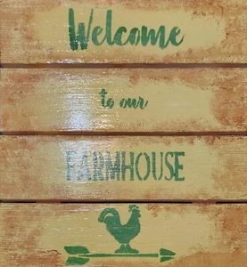 Handpainted Welcome To Our Farmhouse Sign 10x10 Yellow Wooden Chickens Country - Picture 1 of 3