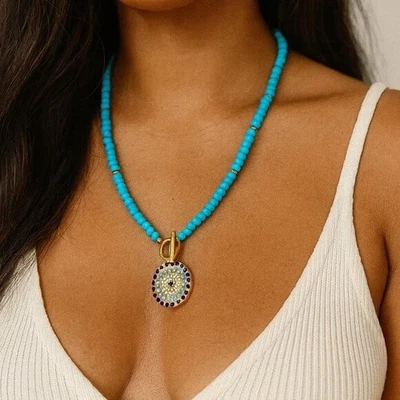 Boho Chic 4mm Artificial Turquoise Beads Necklace With Evil Eye  18K Gold Plated - Image 1 of 4