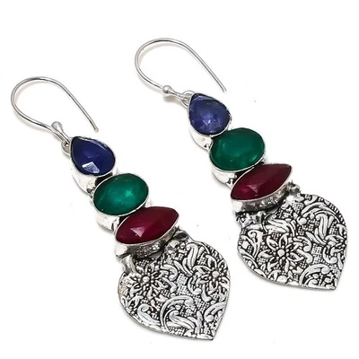 Rosso Finto, Giada Verde Gemma 925 Argento Sterling Gioielli Orecchino 6.5cm - Immagine 1 di 4