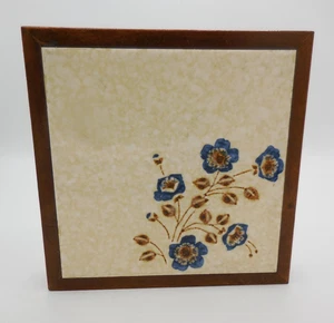 Vintage H & R Johnson Tile Trivet Stoneware Blue Flowers Wood Frame England - Picture 1 of 8