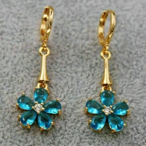 Blue Topaz Pear Cut 3Ct Drop Dangle Created Earring's 14K Yellow Gold Plated - Picture 1 of 4