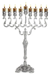 Silver Plated Oil Menorah Fits Standard Chanukah Oil Cups And Large Candles Oliv - Picture 1 of 6