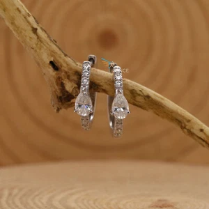 Lab Grown Pear & Round Cut Diamond 14K Gold Engagement Huggie Earrings For Her - Picture 1 of 15