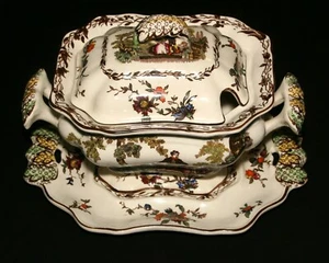 RARE MASON'S, "MULTI-COLORED WATTEAU" CHINA, 4 PIECE SAUCE TUREEN SET, EXC COND! - Picture 1 of 8