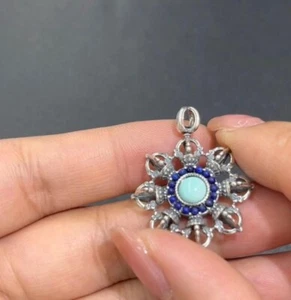 Pendant Ancient silver craft vajra shaped with turquoise lapis lazuli in middle - Picture 1 of 2