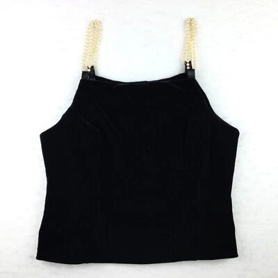 Vintage Top Womens M Black Velvet Beaded Pearl Strap Satin Buttons Formal Party - Imagem 1 de 4