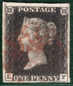 PENNY BLACK 1840 QV Stamp GB SG.2 1d Plate 8 (LF) *VARIETY* Cat £525+ REDS54 - Picture 1 of 6