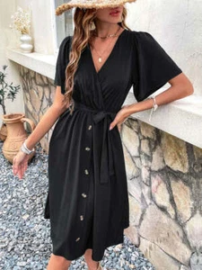Women's Solid Color Surplice Faux Wrap Button-down Midi Dress - Picture 1 of 20