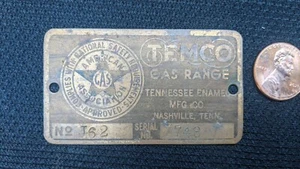 De colección latón/cobre TEMCO rango de gas estufa etiqueta placa esmalte de Tennessee - Imagen 1 de 3