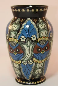 Antique Swiss Thoune Thun 21.5cm Owls & Feathers Majolica Pottery Vase c1910 VGC - Picture 1 of 9