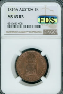 1816 A AUSTRIA 1 Kreuzer NGC MS63 RB MAC FDS 1ST DIE STRIKE  KM#2113 - Picture 1 of 2