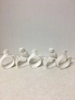 Vintage Set Of 5  Chickens And Owl Ceramic Napkin Rings 1970’s Country Decor - Photo 1/4