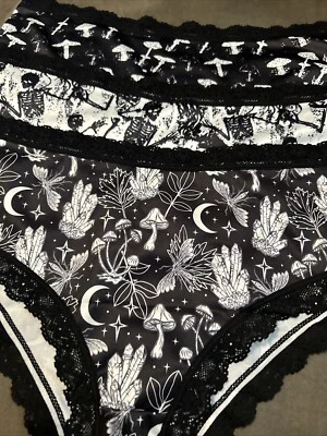 Morvia 3pk lace trim goth Emo Punk Biker panties L Mushrooms & Bones Lingerie - Image 1 of 4