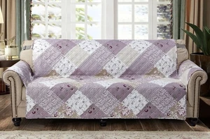 Lilac and Beige Rose Patchwork Couch Cover, Quilted X-Large Sofa Slipcover, 7... - Picture 1 of 7