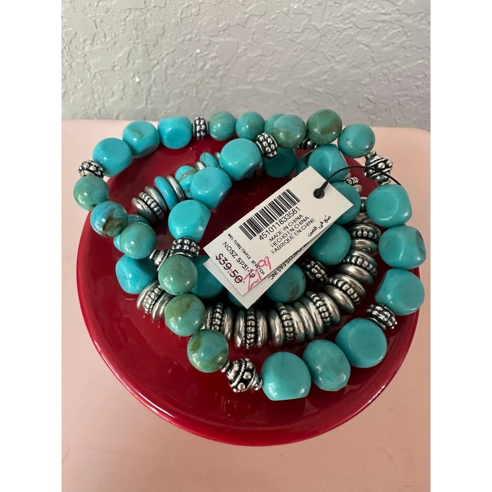Chico's Faux Turquoise Beaded Stretch Bracelet Set Silver Tone Boho NWT - Image 1 of 4