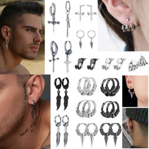 Vintage Stainless Cross Feather Drop Dangle Hoop Hiphop Gothic Earring Men Women - Picture 1 of 31