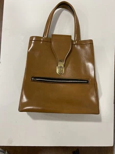 Vintage Faux leather handbag with brass clasp, zipper pocket 12” X 11” 1960s - Picture 1 of 24
