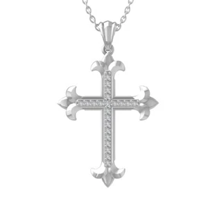 10k White Gold Lab Grown Diamond Cross Pendant Necklace 18" Silver Chain - Picture 1 of 5