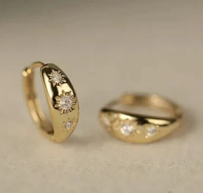 Round Cut 1Ct Created Diamond Women's Huggie Hoop Earring 14K Yellow Gold Plated - Image 1 of 4