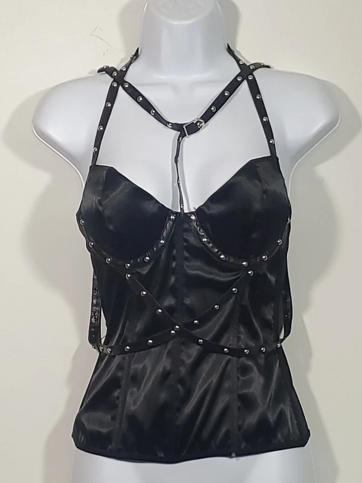 Bustiê ousado Dreamgirl preto acetinado com aro prata tamanho médio  - Imagem 1 de 4