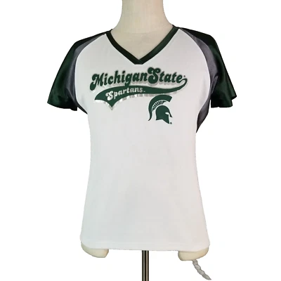Рубашка женская Michigan State Spartans большая белая зеленая блестящая с коротким рукавом - Изображение 1 из 4