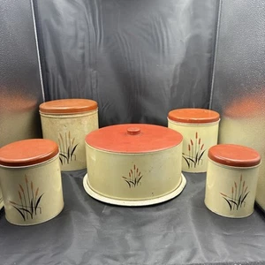 CATTAILS Canister Set & Cake Pan UNIVERSAL CAMBRIDGE 1940-50's - Picture 1 of 14