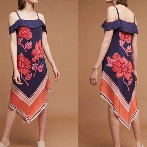 Vestido midi MOULINETTE SOEURS estampa de cachecol fora do ombro seda P = 4/6 Anthropologie - Imagem 1 de 4