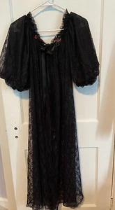 Vintage Black Floral Lace Robe Ballon Sleeve Tie Closure - Picture 1 of 12
