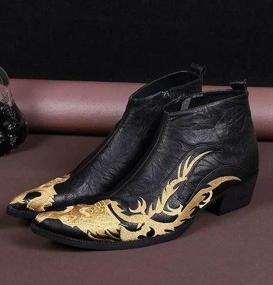  Botas al tobillo de cuero real para hombre punta puntiaguda bordadas dragón cremallera zapatos de fiesta Foto 1 de 4