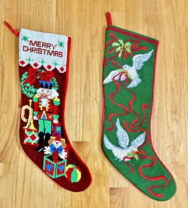 Lot 2 Vintage Needlepoint Skinny Christmas Stocking Nutcracker Doves 19" - Picture 1 of 8