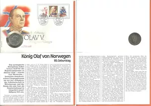 Moneda de 5 coronas y 3 estampillas del rey Olavv de Noruega 1988 - Imagen 1 de 1