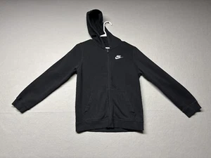 Nike Hoodie Boys Youth Large Black Sweatshirt Full Zip White Swoosh Spellout - Picture 1 of 11