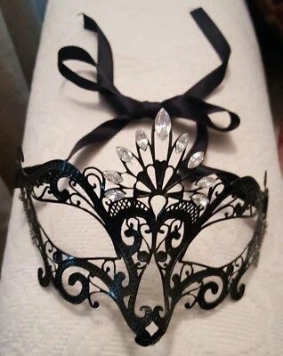Mask Venetian black lace with crystals and satin ribbon  - Image 1 of 4