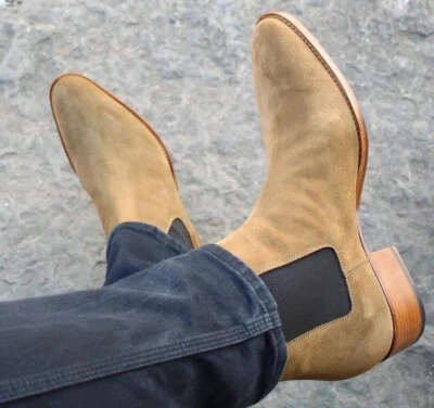 Hecho a mano Hombres Beige Gamuza Chelsea Botas para Hombre, Hombre Cuero Oficina Vestido Botas Foto 1 de 4
