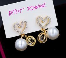 Gold Love Heart pearl Earring Jewelry New Betsey Johnson rare Alloy Rhinestone