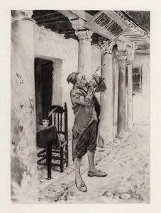 Jose Jimenez ARANDA SIGNIERT 1800er Radierung "Ein öffentlicher Schriftsteller in Sevilla" gerahmt COA - Bild 1 von 2